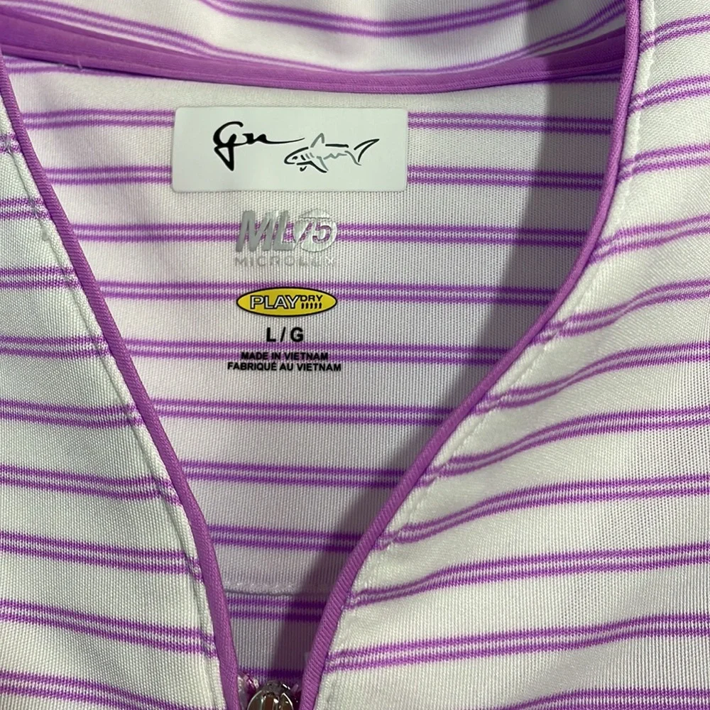 Greg Norman NWT Size Lg Orchid/White Stripe Sleeveless Moisturizer Wicking - Picture 2 of 5